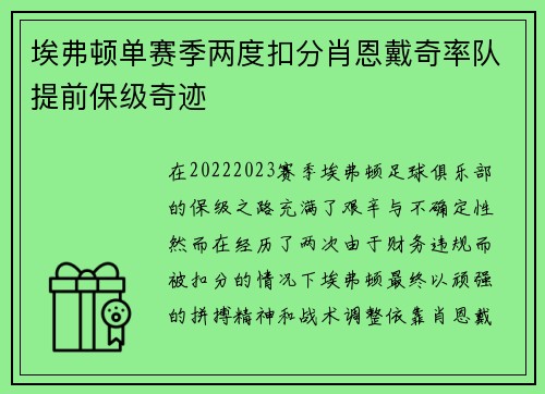 埃弗顿单赛季两度扣分肖恩戴奇率队提前保级奇迹 埃弗顿单赛季两度扣分肖恩戴奇率队提前保级奇迹